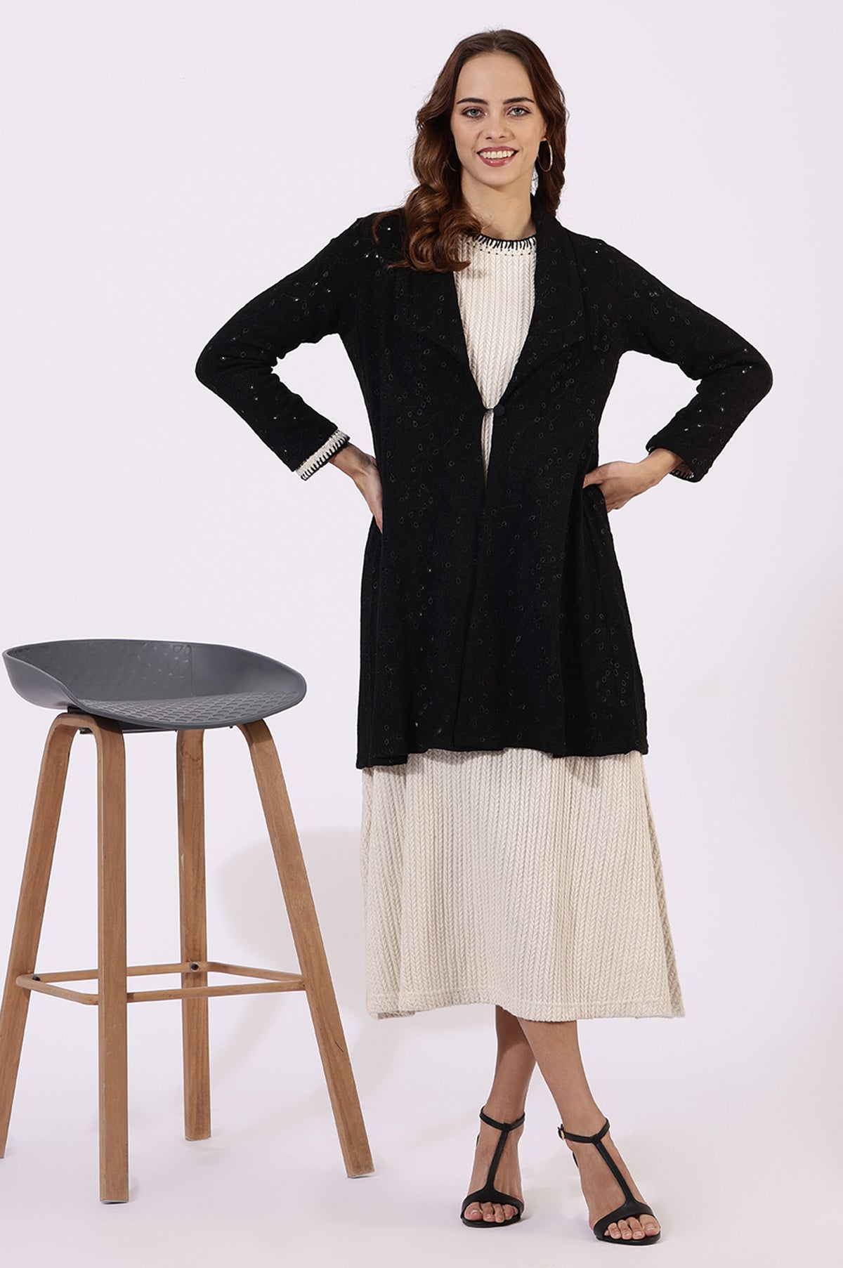 Black Thread Embroidered Chenille Schifflie Straight Shrug - S