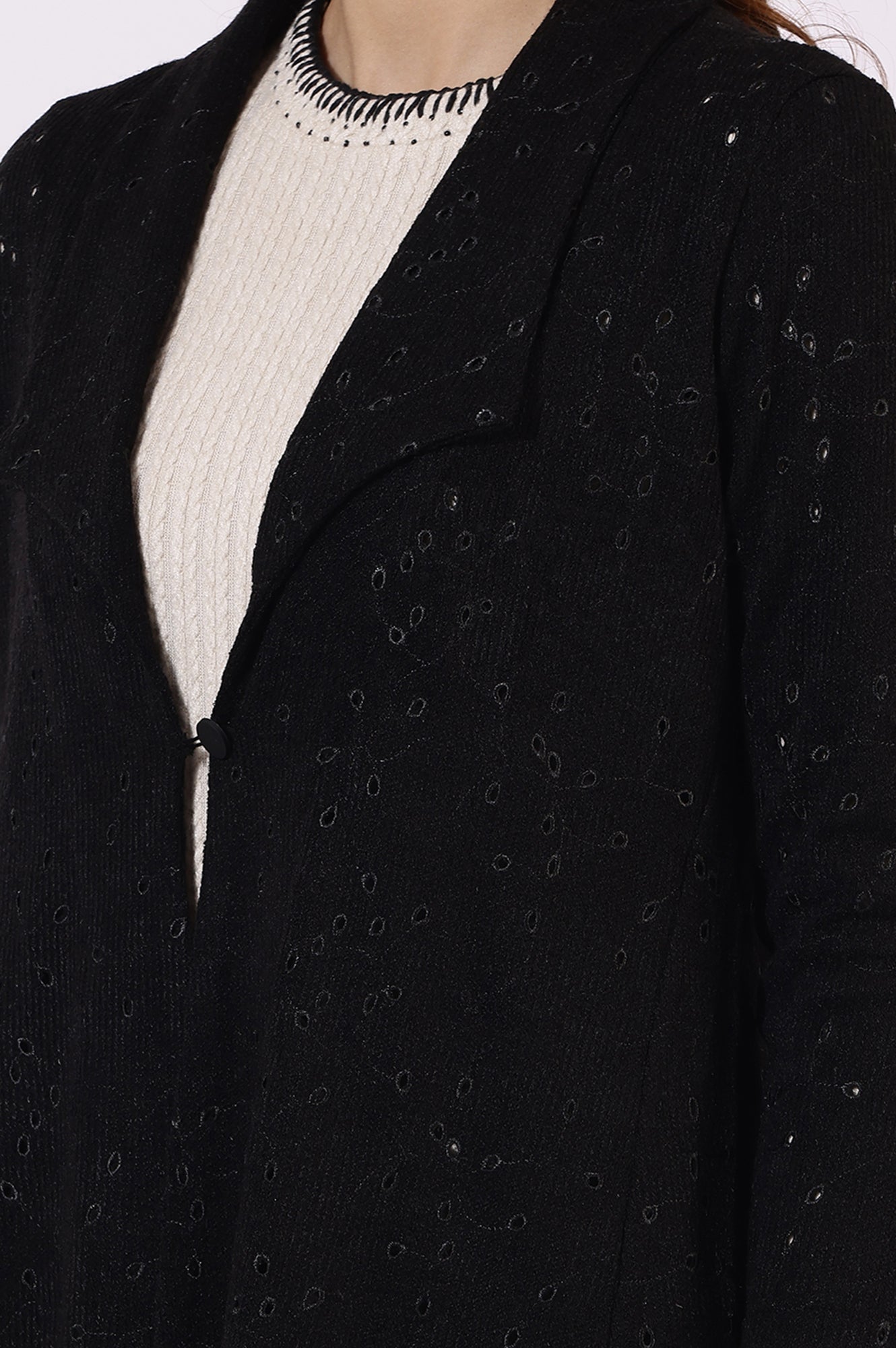 Black Thread Embroidered Chenille Schifflie Straight Shrug
