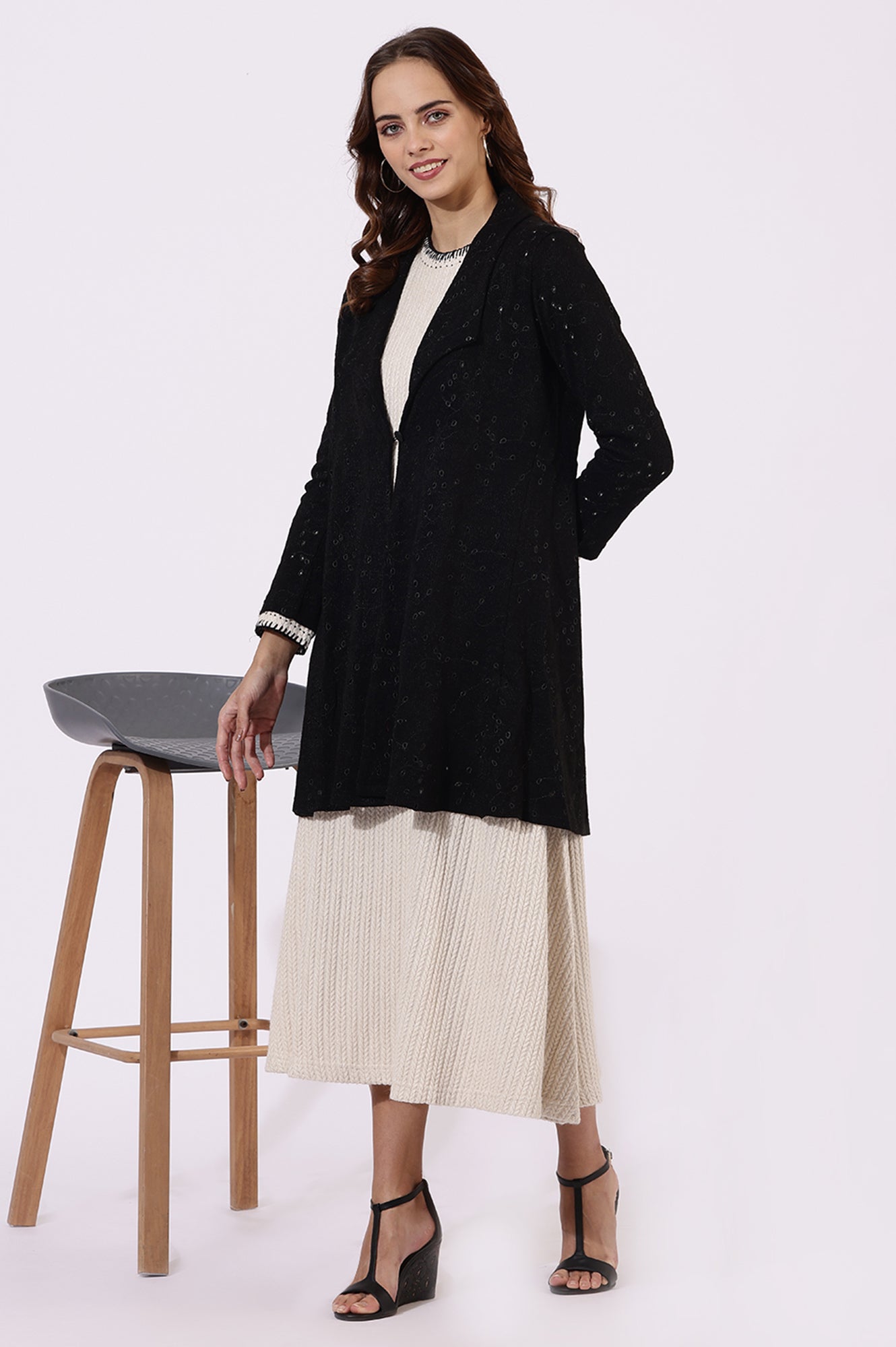 Black Thread Embroidered Chenille Schifflie Straight Shrug