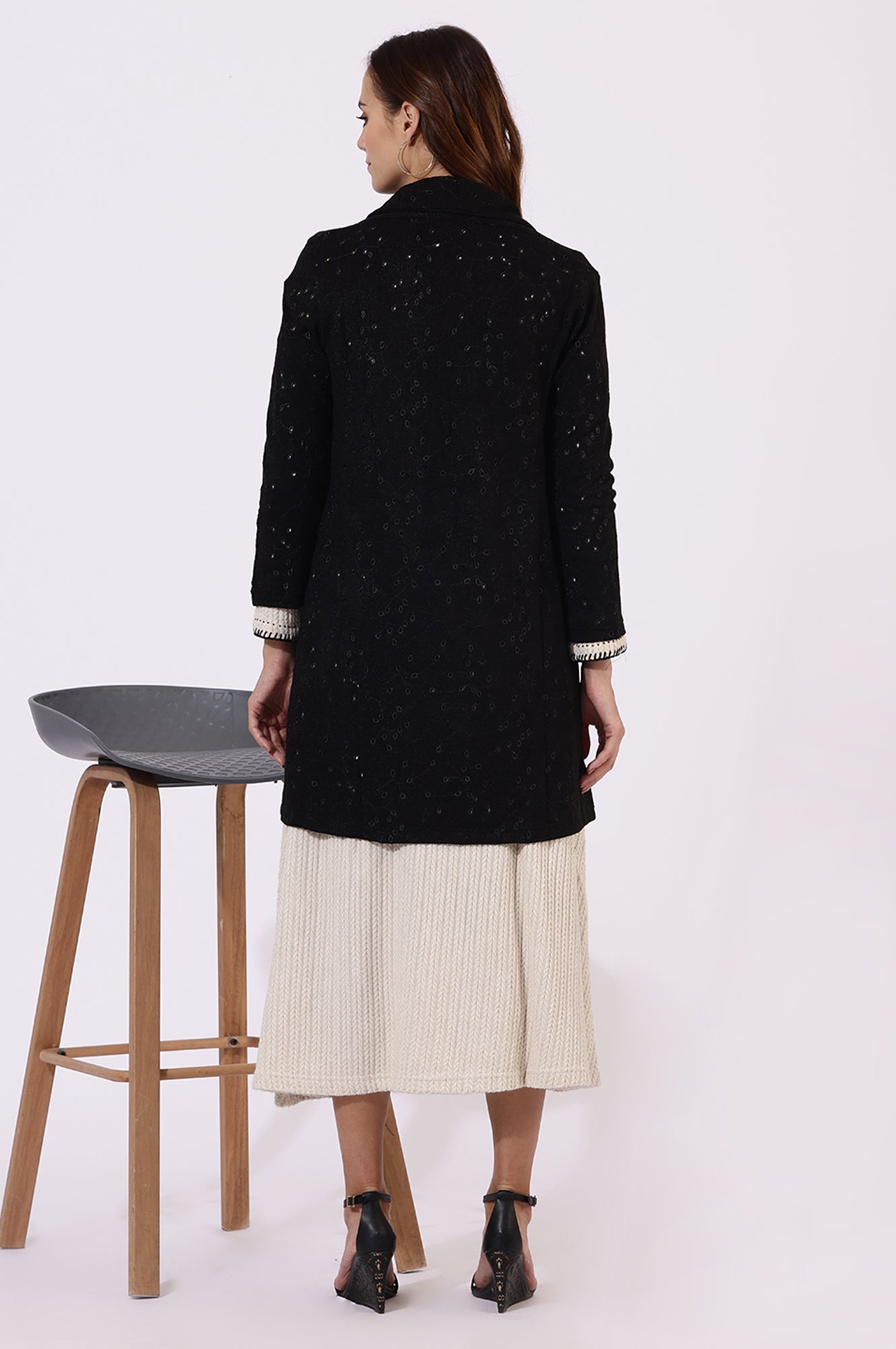Black Thread Embroidered Chenille Schifflie Straight Shrug