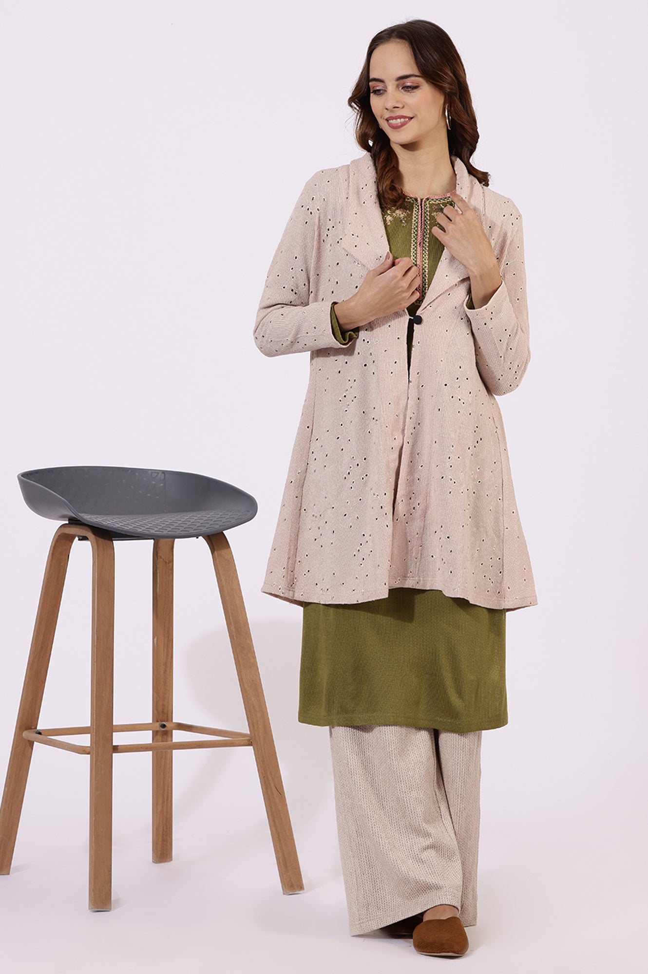Pink Thread Embroidered Chenille Schifflie Straight Shrug