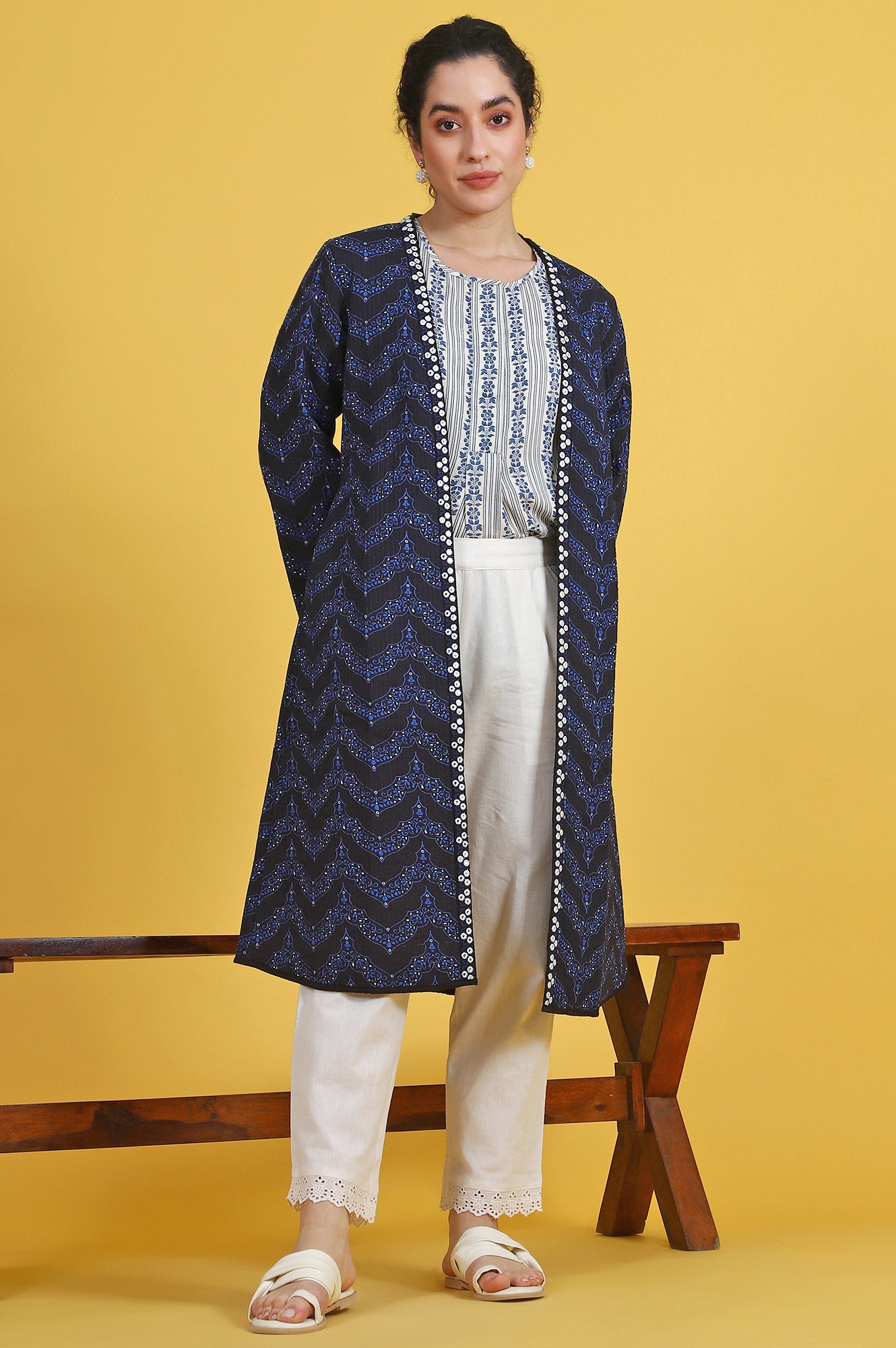 Blue Geometric Printed Rayon Straight Coat