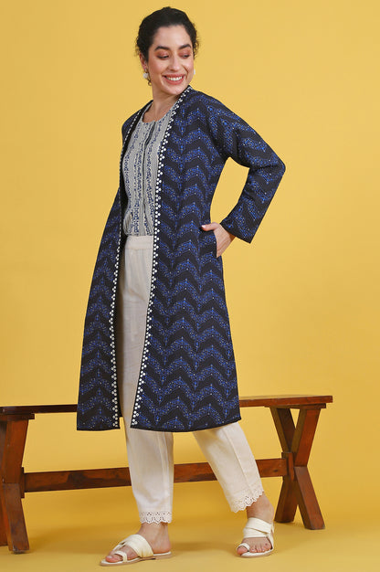 Blue Geometric Printed Rayon Straight Coat