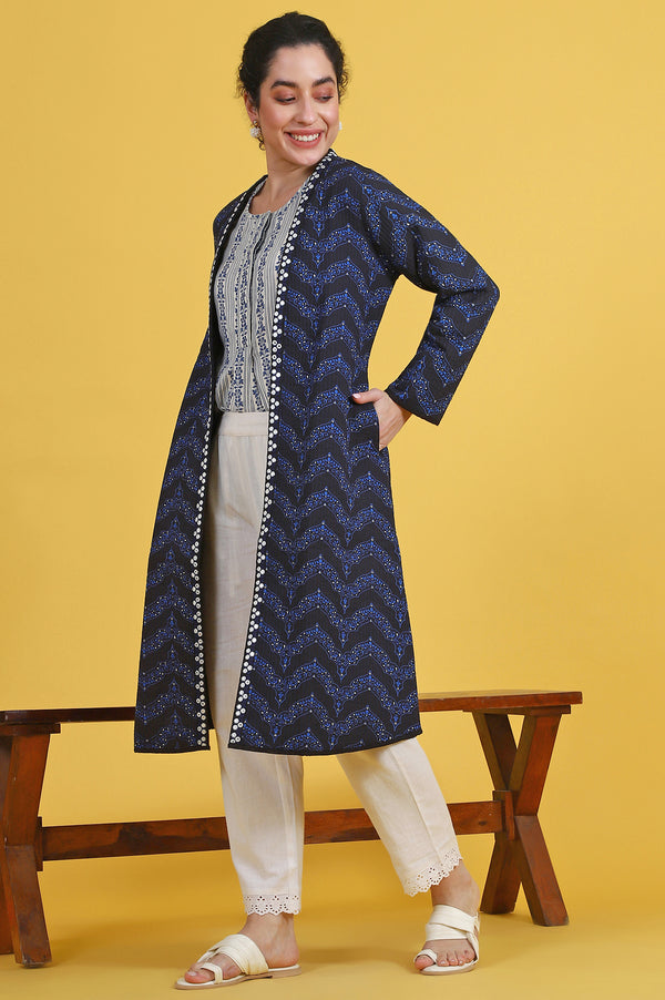 Blue Geometric Printed Rayon Straight Coat
