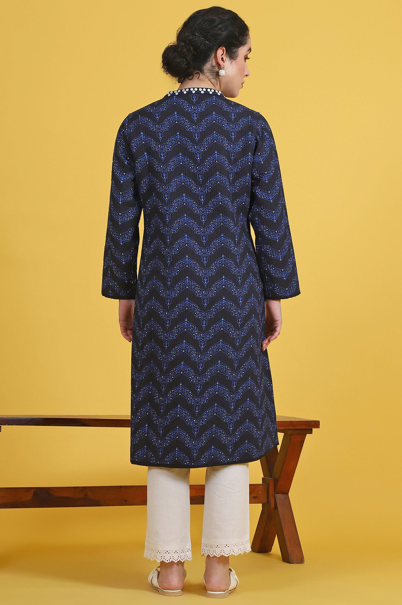 Blue Geometric Printed Rayon Straight Coat