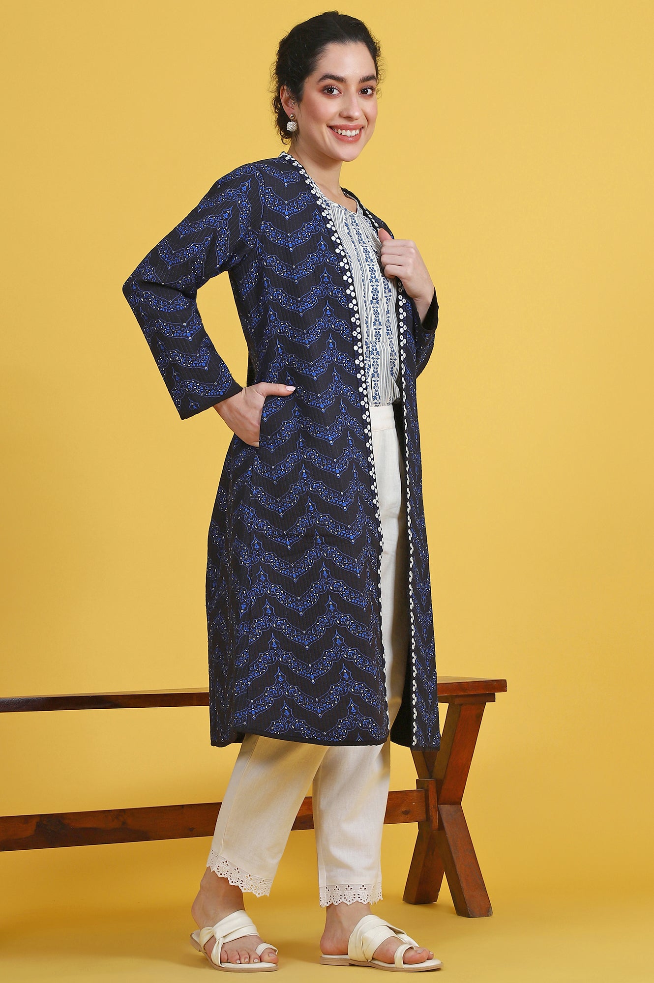 Blue Geometric Printed Rayon Straight Coat