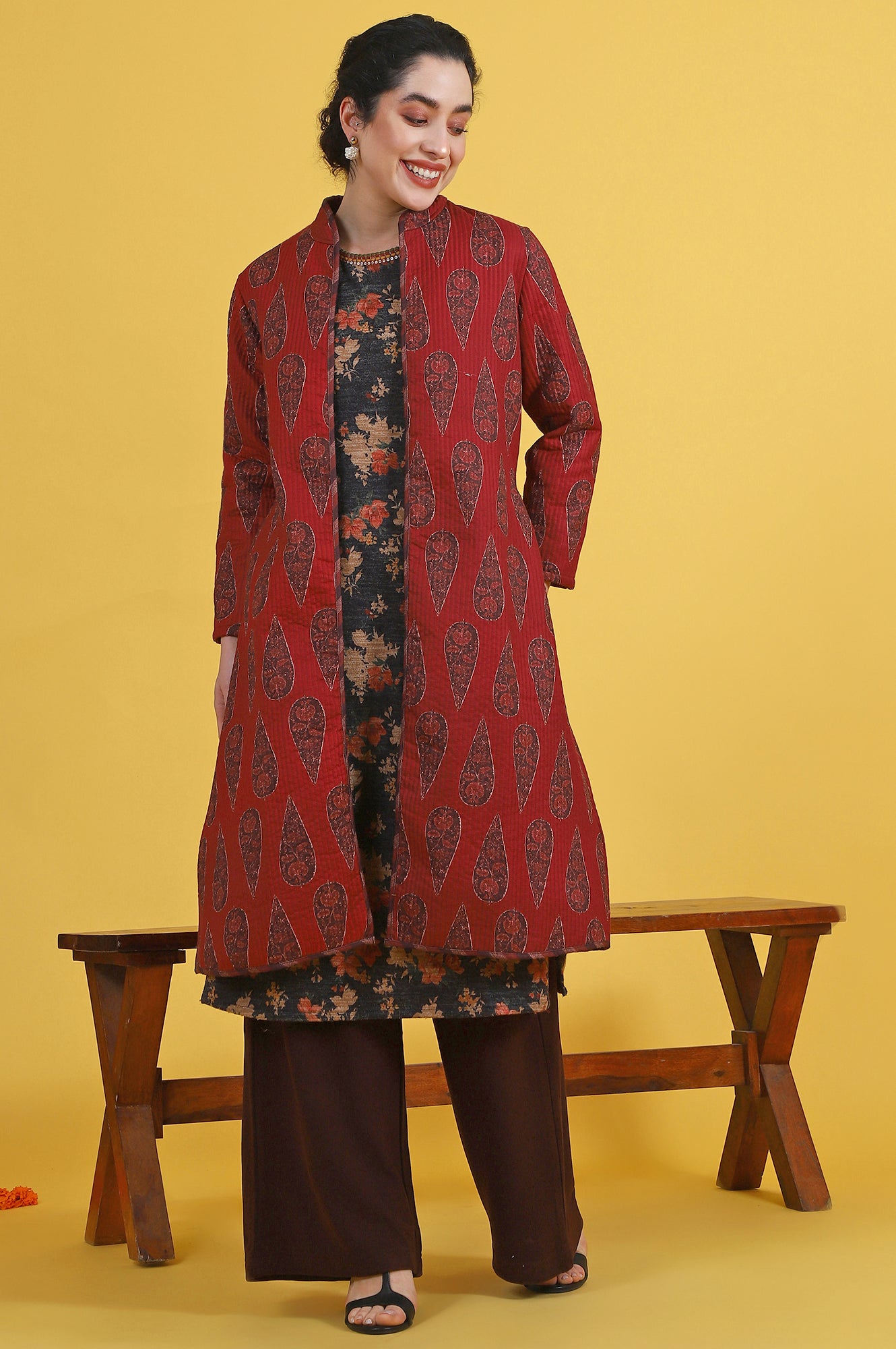 Maroon Paisley Printed Twill Straight Coat
