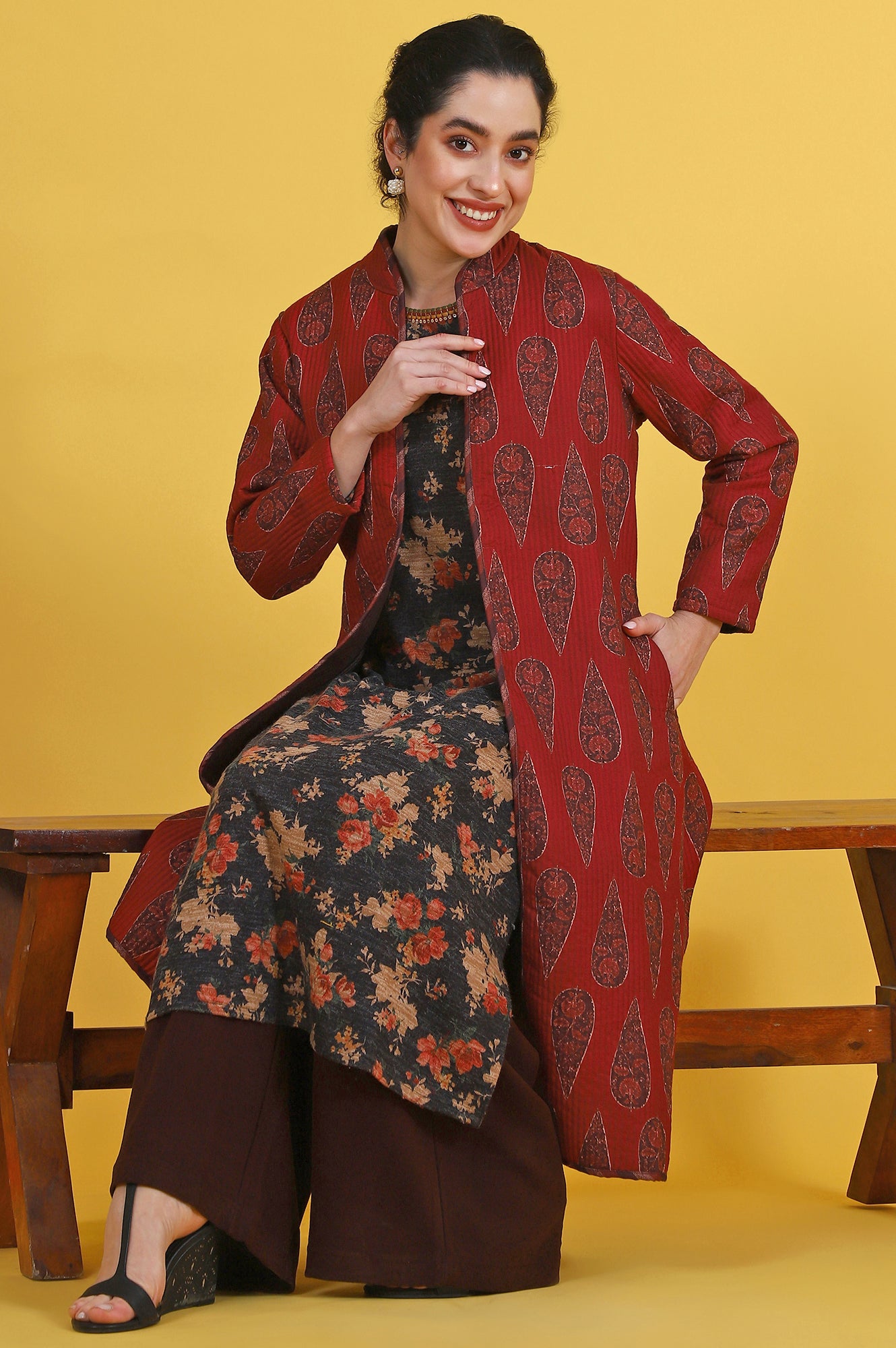 Maroon Paisley Printed Twill Straight Coat