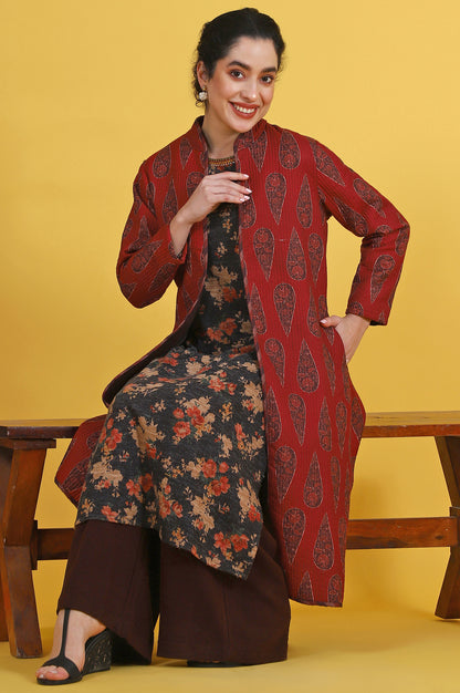 Maroon Paisley Printed Twill Straight Coat