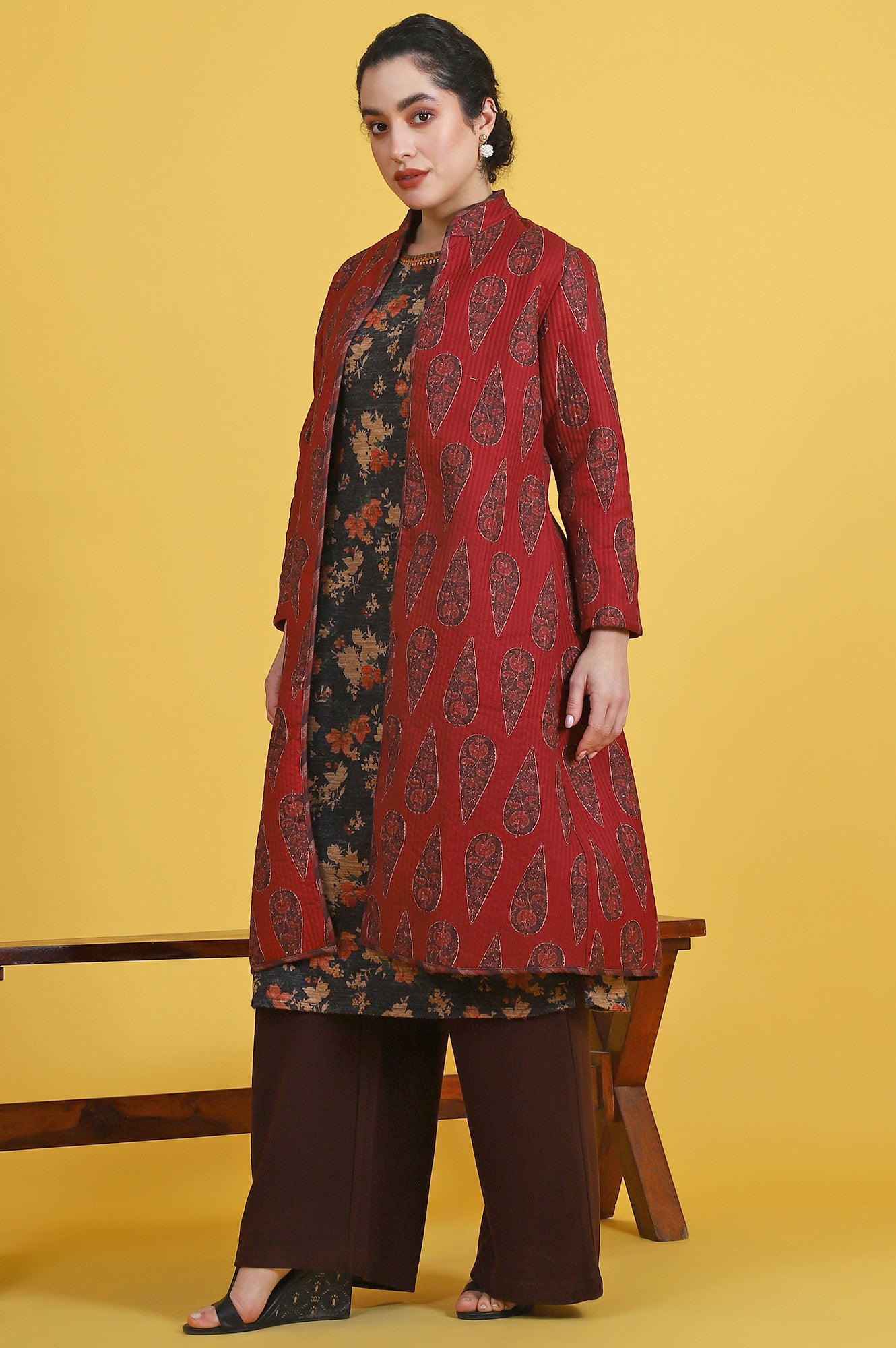 Maroon Paisley Printed Twill Straight Coat