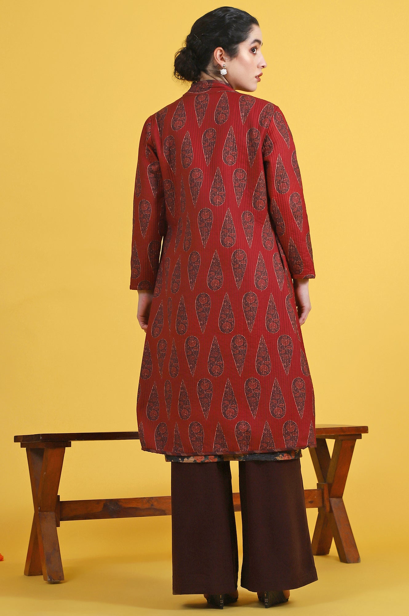 Maroon Paisley Printed Twill Straight Coat