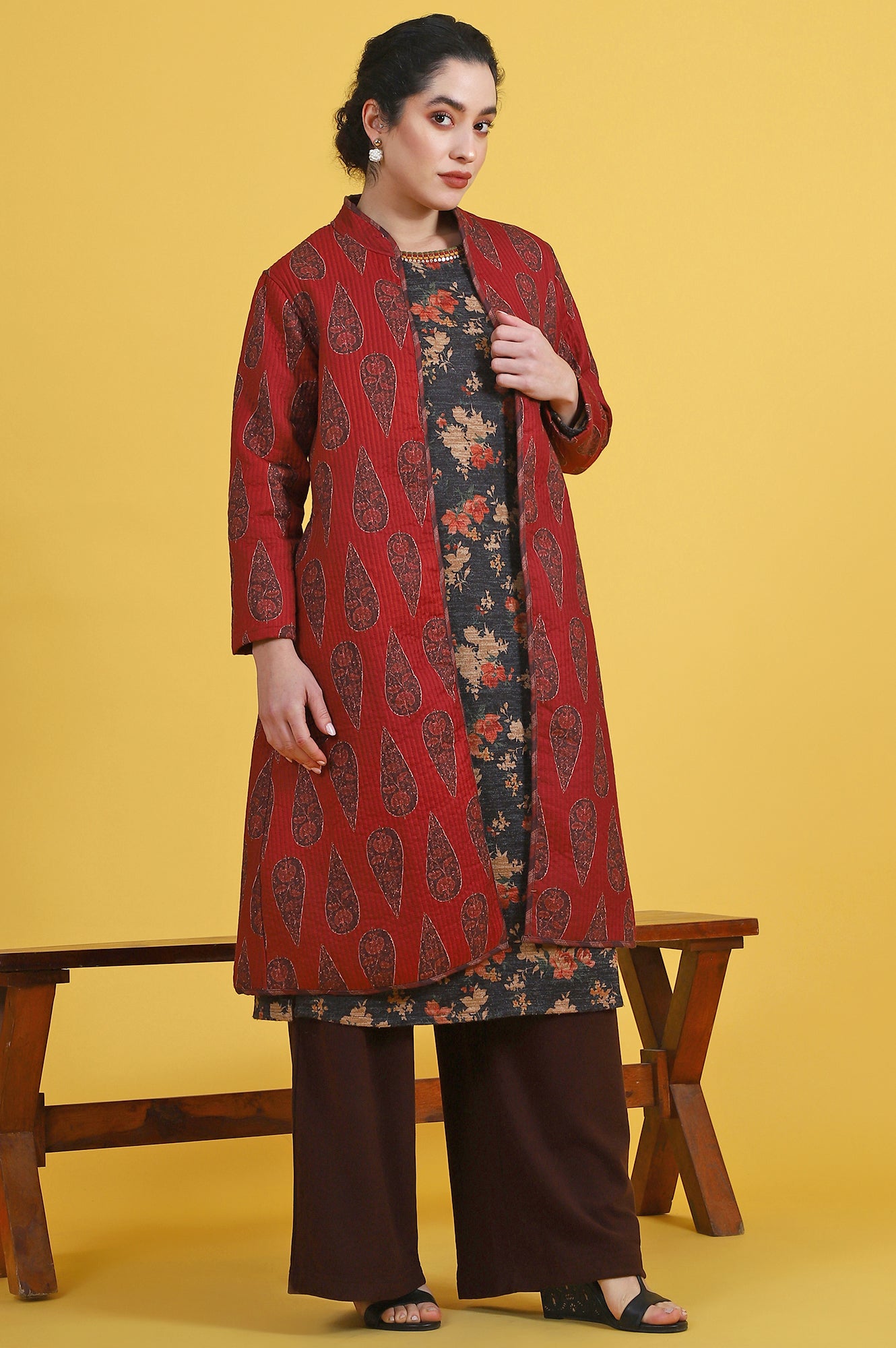 Maroon Paisley Printed Twill Straight Coat