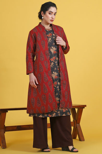 Maroon Paisley Printed Twill Straight Coat