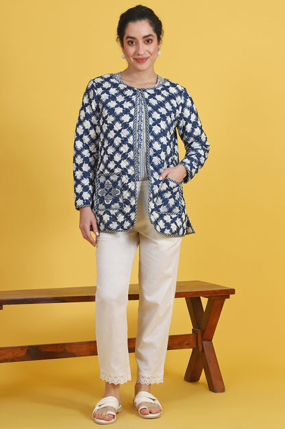 Blue Floral Printed Pure Cotton Straight Jacket