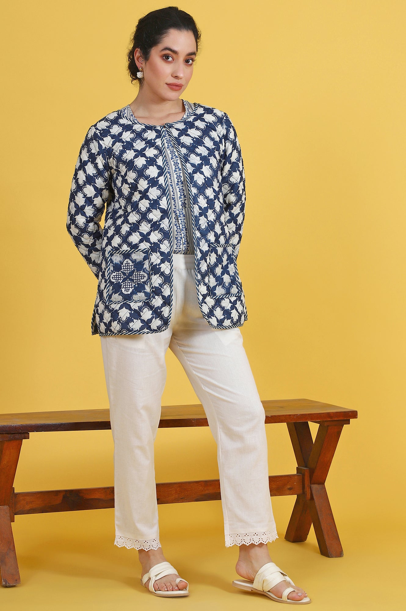 Blue Floral Printed Pure Cotton Straight Jacket