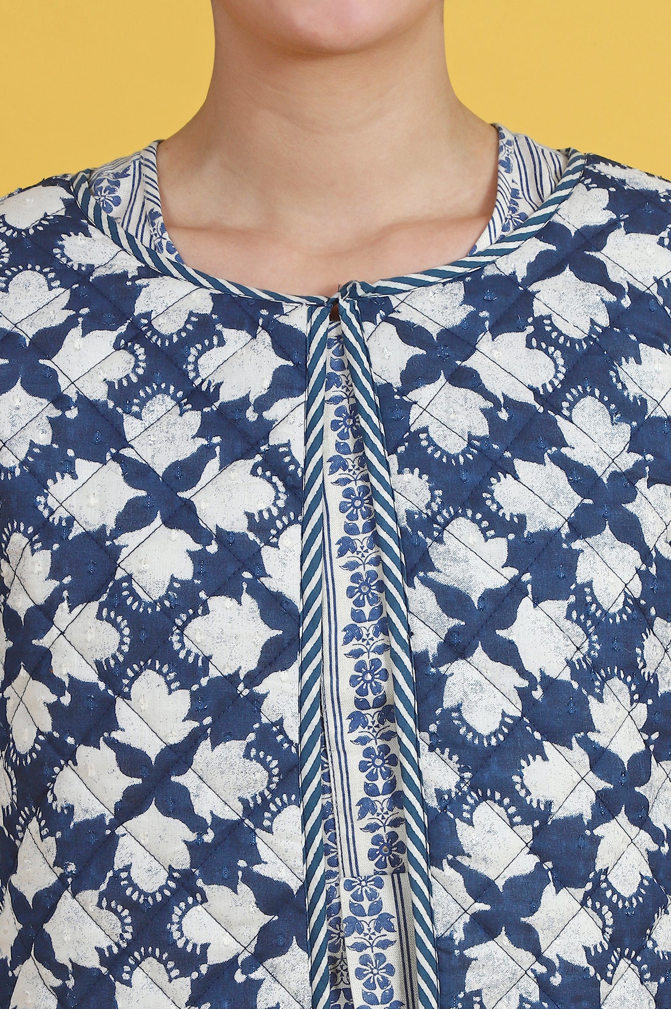 Blue Floral Printed Pure Cotton Straight Jacket