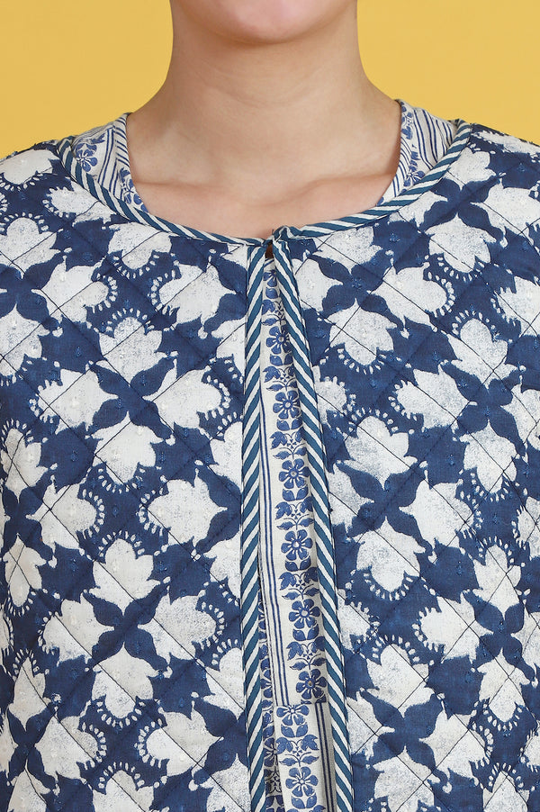 Blue Floral Printed Pure Cotton Straight Jacket
