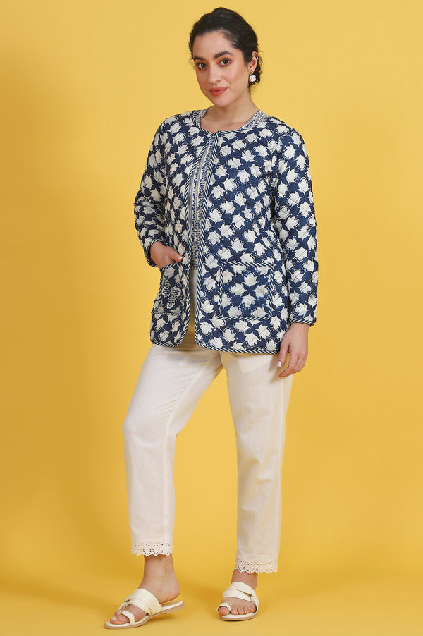 Blue Floral Printed Pure Cotton Straight Jacket