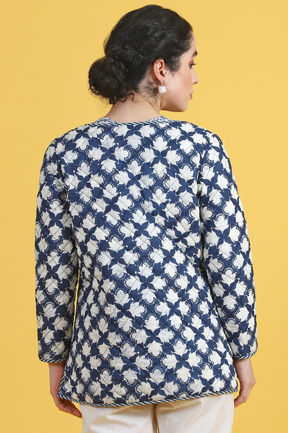 Blue Floral Printed Pure Cotton Straight Jacket