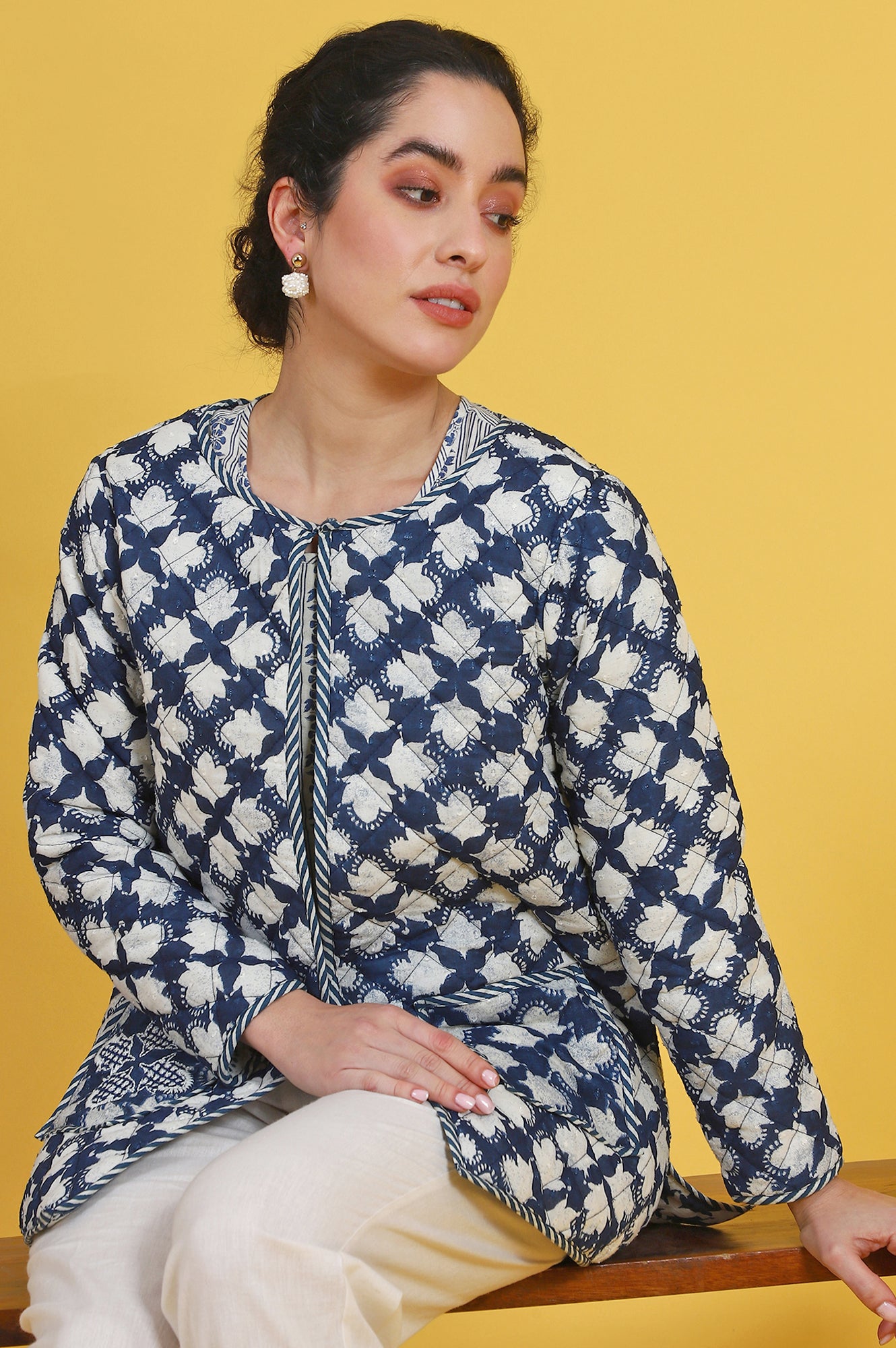 Blue Floral Printed Pure Cotton Straight Jacket