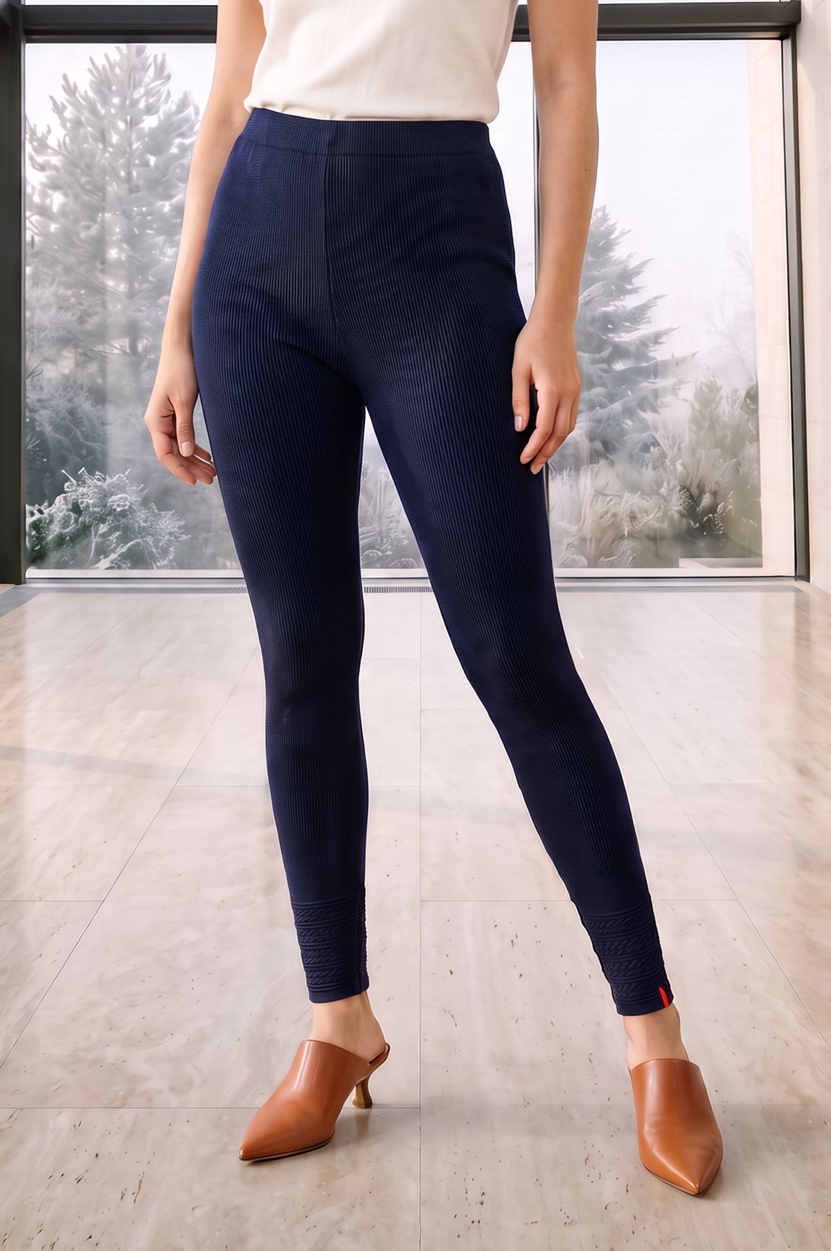 W Navy Blue Winter Textured Acrylic Skinny Fit Ankle Length Tights