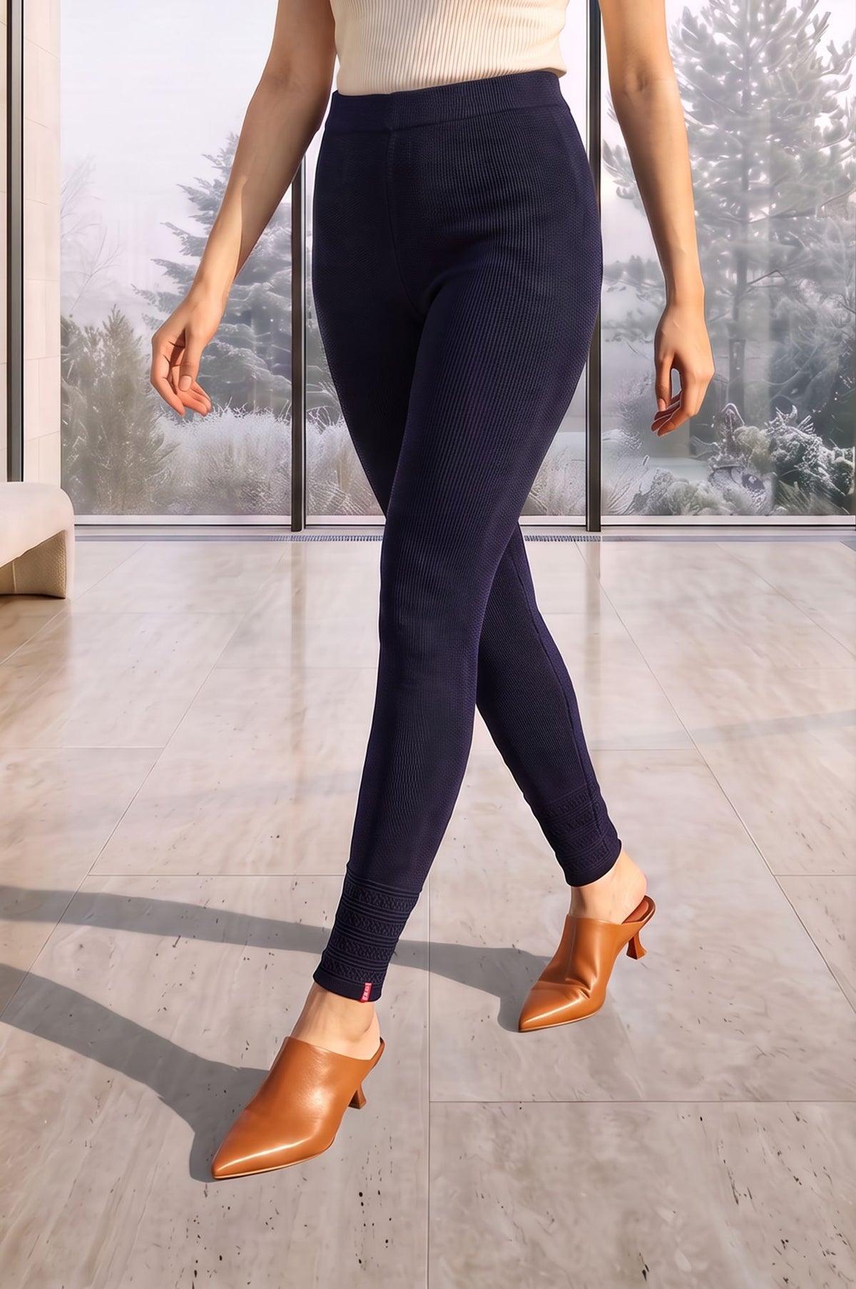 W Navy Blue Winter Textured Acrylic Skinny Fit Ankle Length Tights