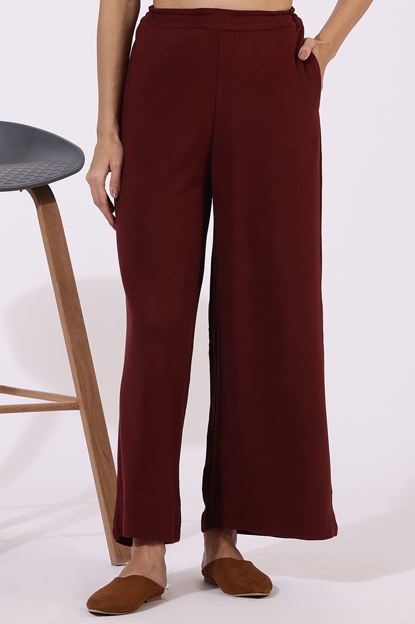 Maroon Solid Cashmere Ankle Length Wide Leg Parallel Pants