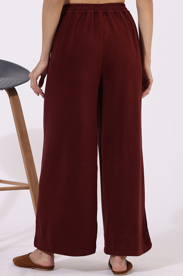 Maroon Solid Cashmere Ankle Length Wide Leg Parallel Pants