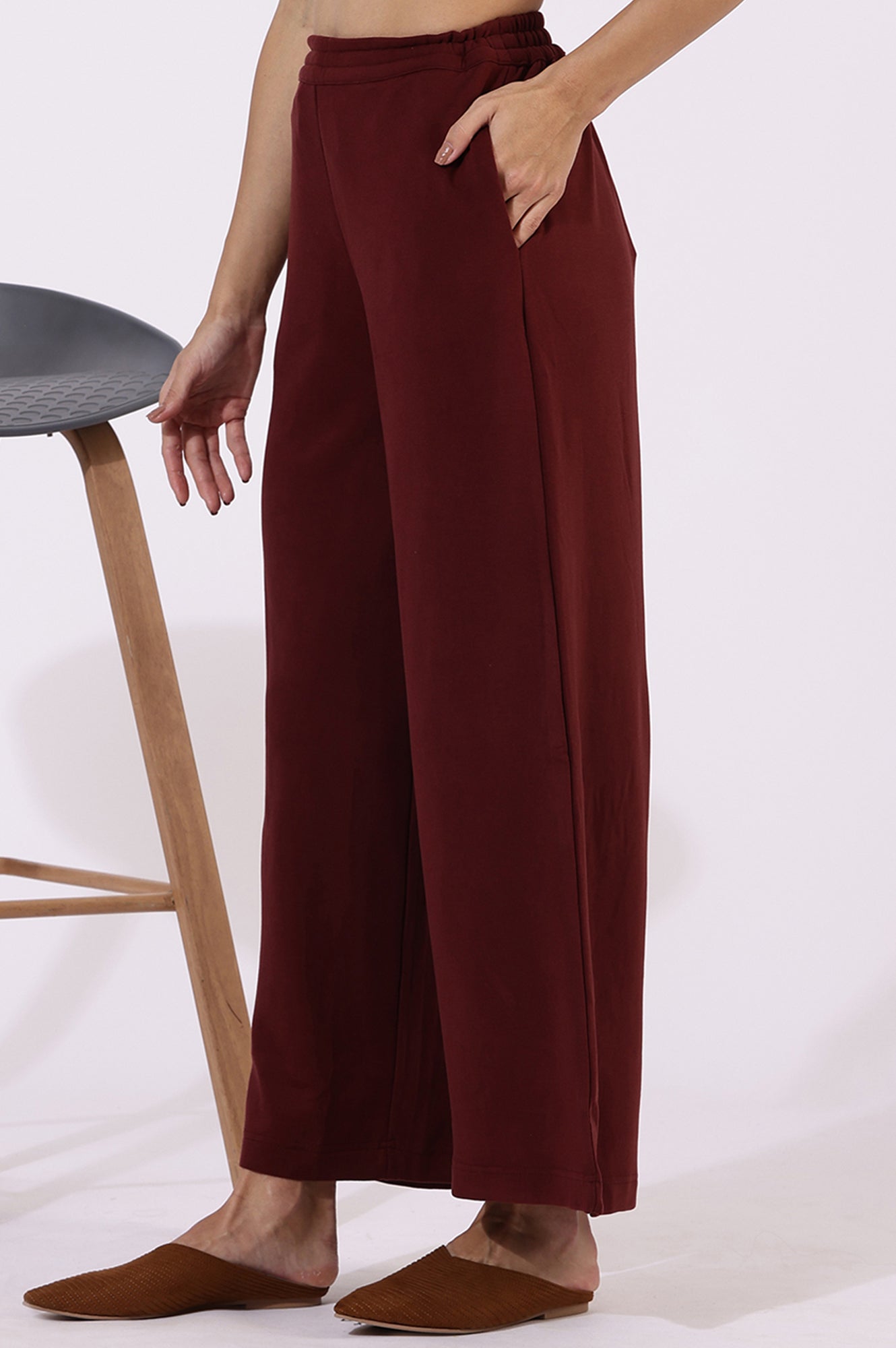 Maroon Solid Cashmere Ankle Length Wide Leg Parallel Pants