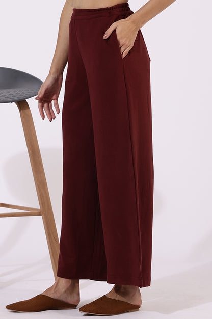 Maroon Solid Cashmere Ankle Length Wide Leg Parallel Pants