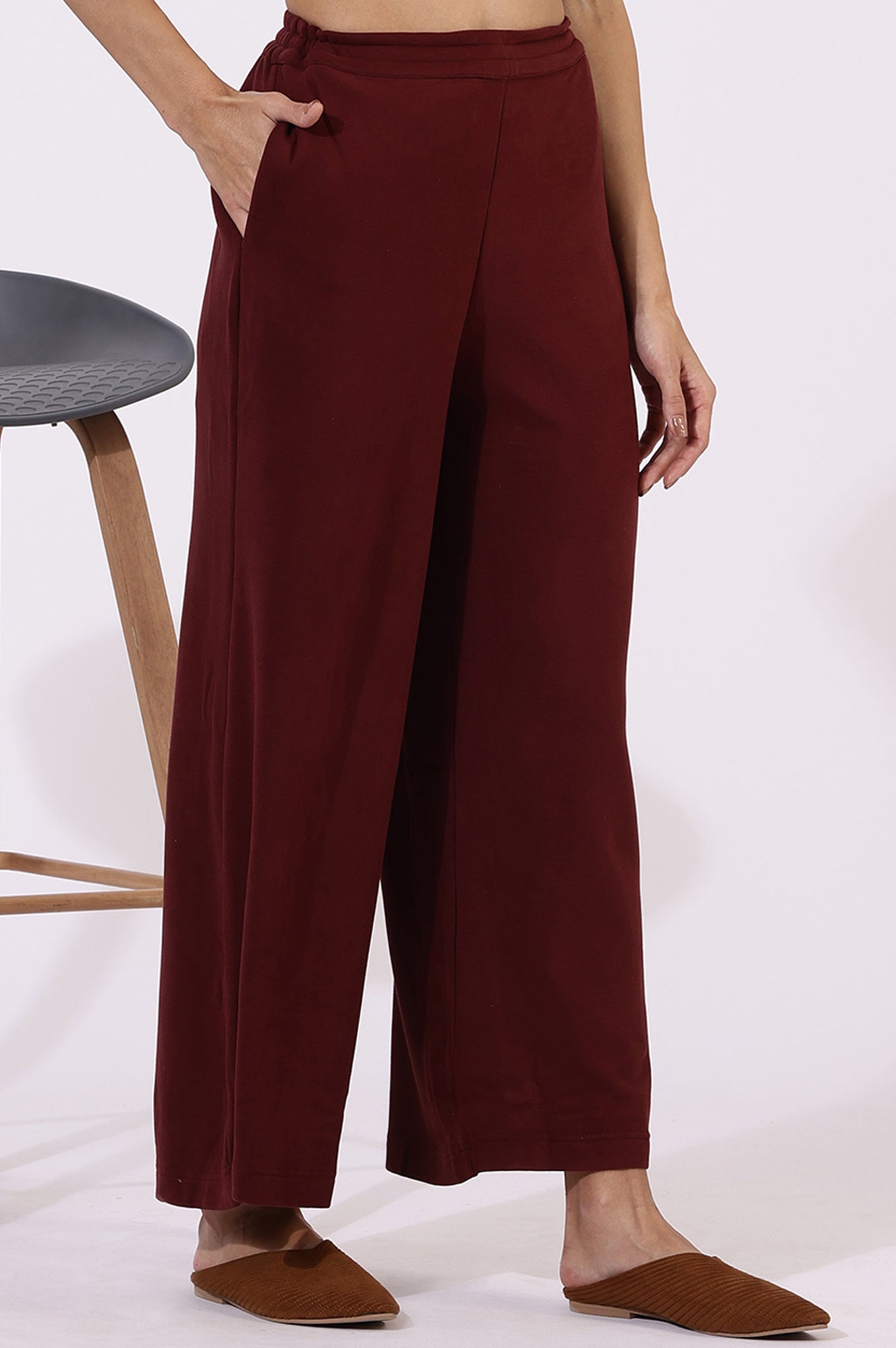 Maroon Solid Cashmere Ankle Length Wide Leg Parallel Pants