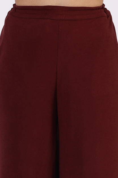 Maroon Solid Cashmere Ankle Length Wide Leg Parallel Pants