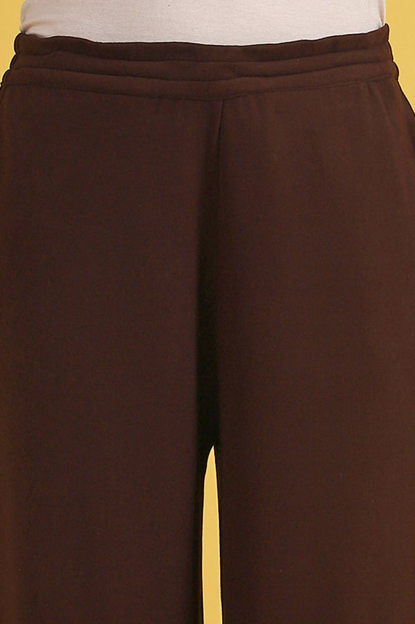 Brown Solid Cashmere Ankle Length Wide Leg Parallel Pants
