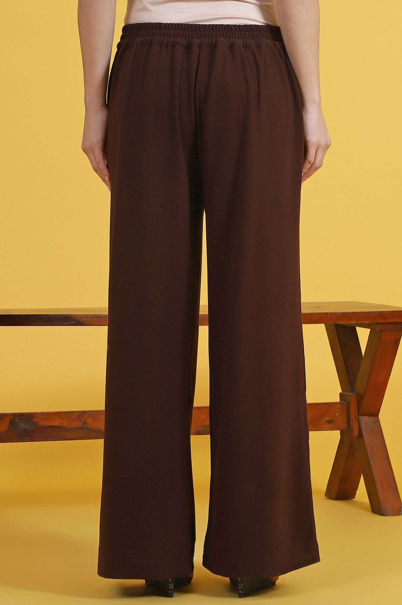 Brown Solid Cashmere Ankle Length Wide Leg Parallel Pants
