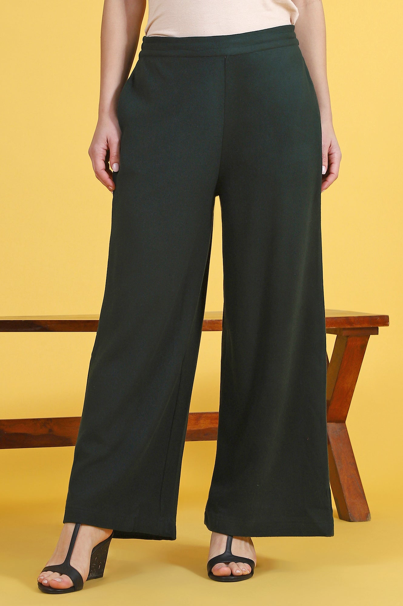 Green Solid Cashmere Ankle Length Wide Leg Parallel Pants