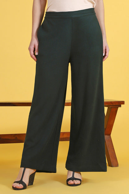 Green Solid Cashmere Ankle Length Wide Leg Parallel Pants