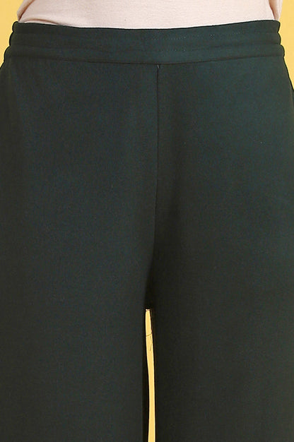 Green Solid Cashmere Ankle Length Wide Leg Parallel Pants