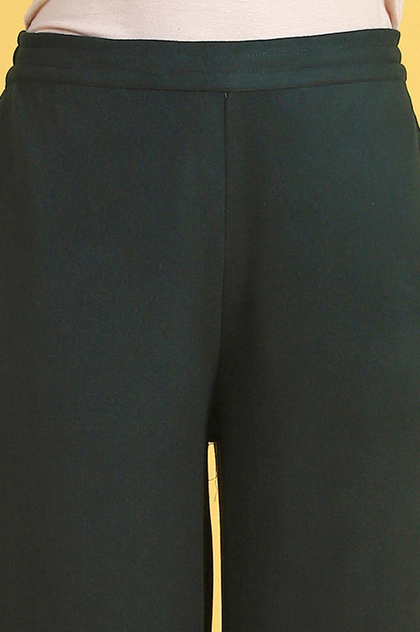 Green Solid Cashmere Ankle Length Wide Leg Parallel Pants