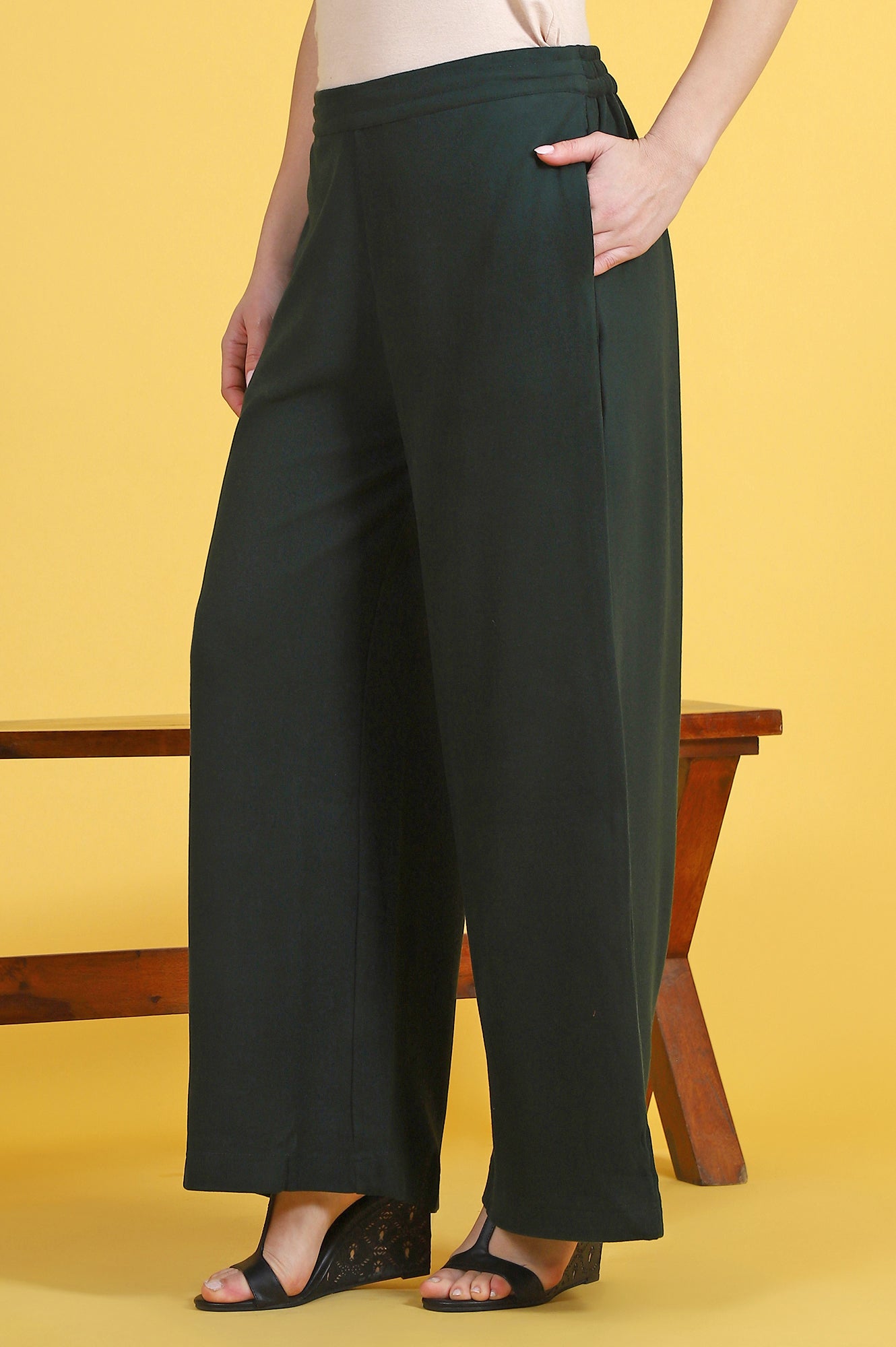 Green Solid Cashmere Ankle Length Wide Leg Parallel Pants