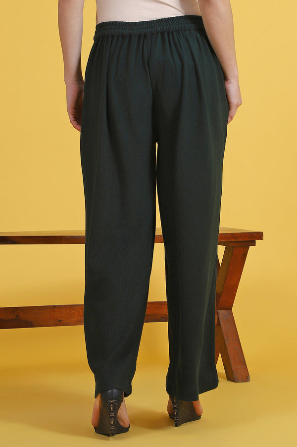 Green Solid Cashmere Ankle Length Wide Leg Parallel Pants