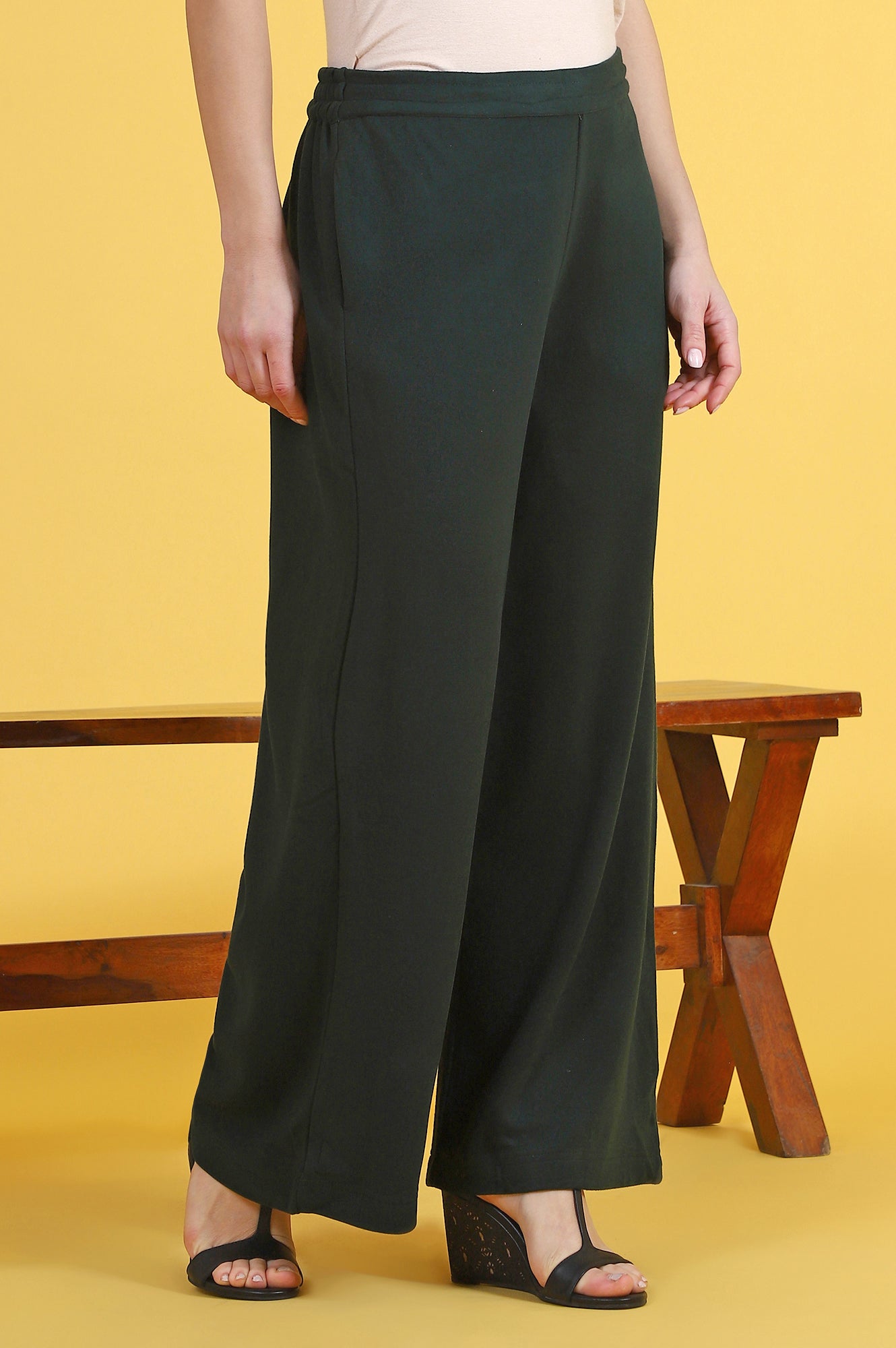 Green Solid Cashmere Ankle Length Wide Leg Parallel Pants