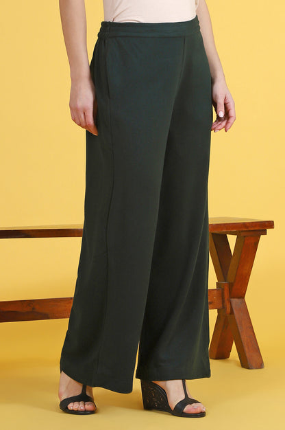Green Solid Cashmere Ankle Length Wide Leg Parallel Pants