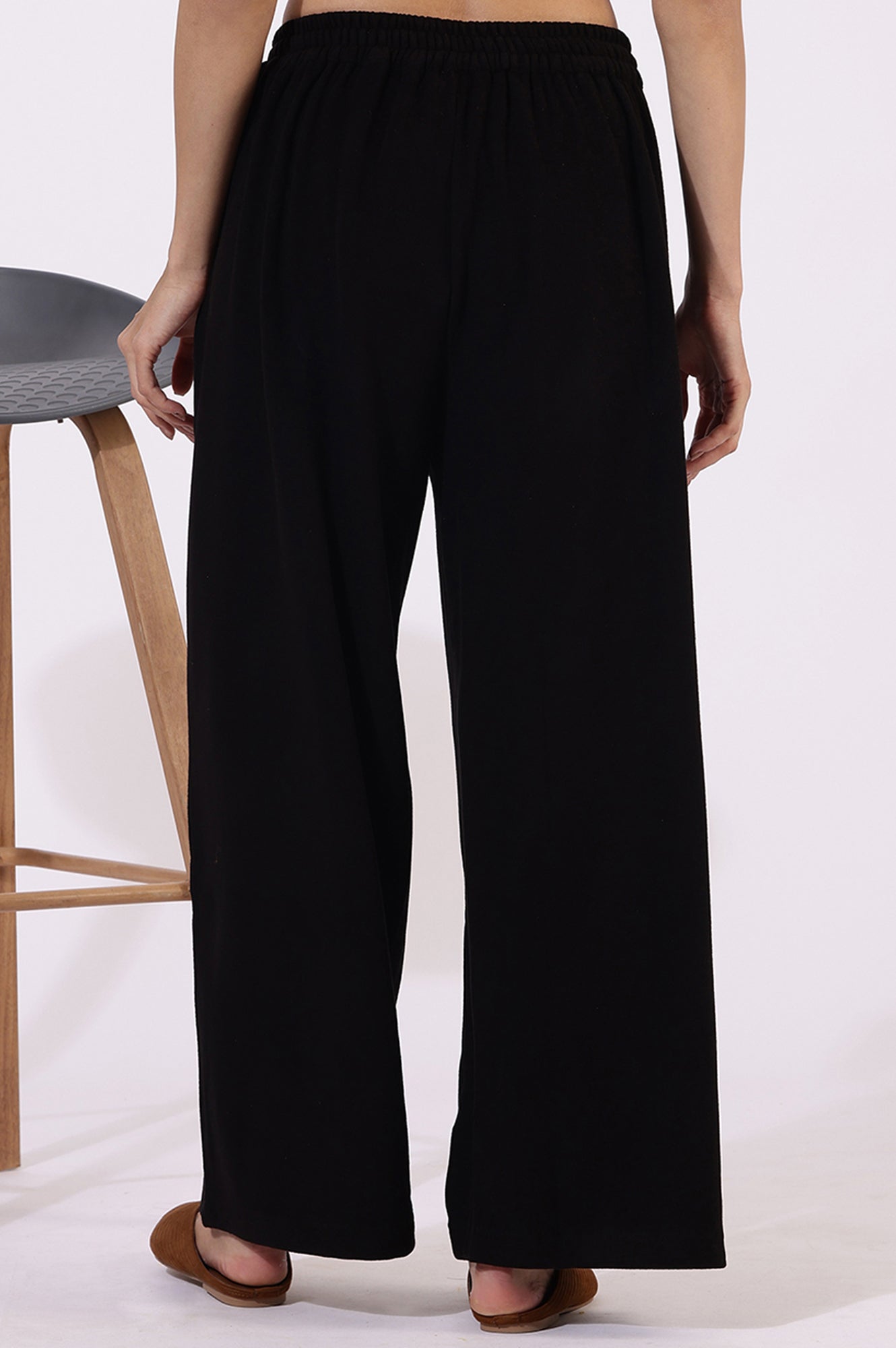 Black Solid Cashmere Ankle Length Wide Leg Parallel Pants