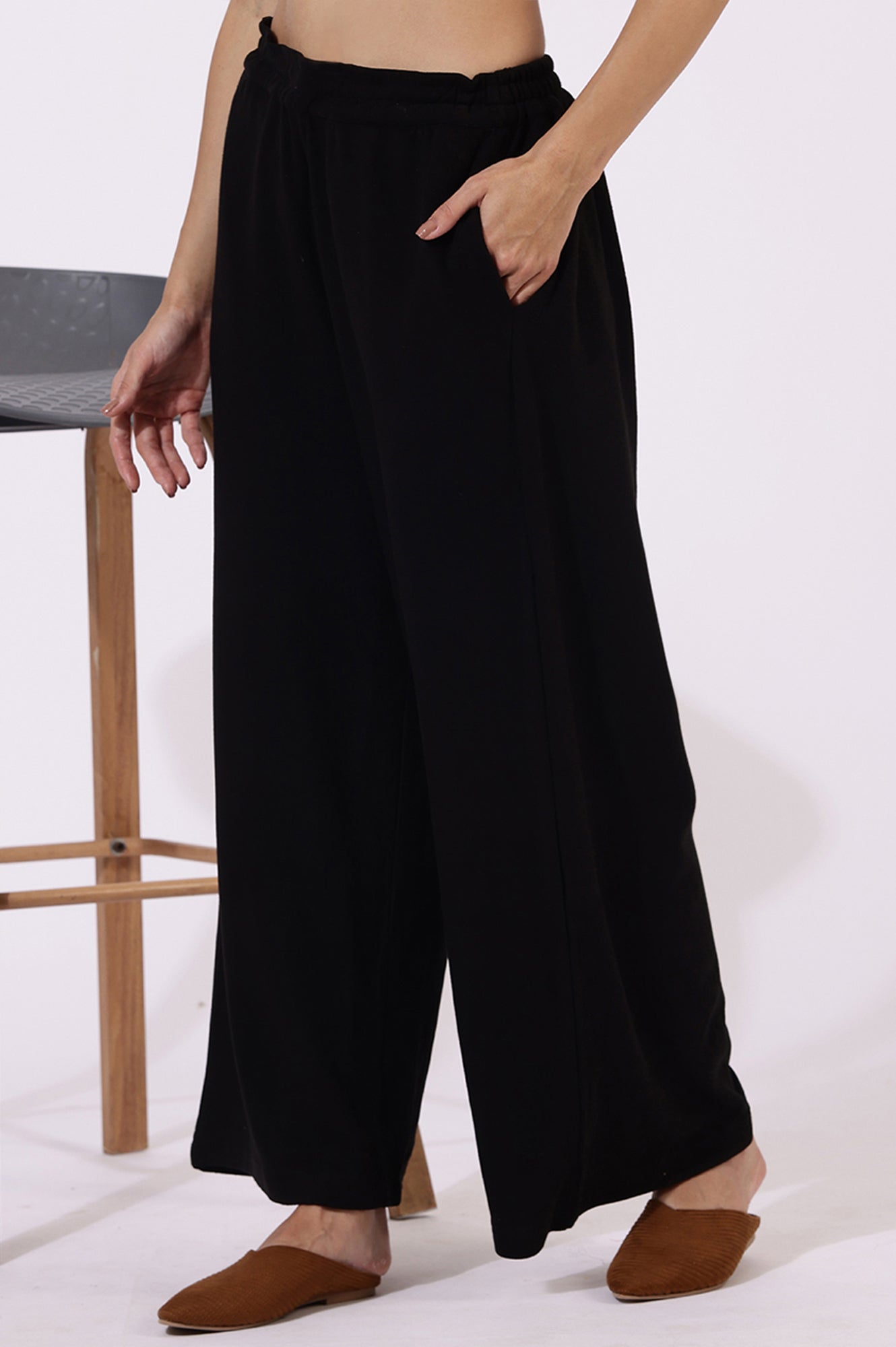 Black Solid Cashmere Ankle Length Wide Leg Parallel Pants
