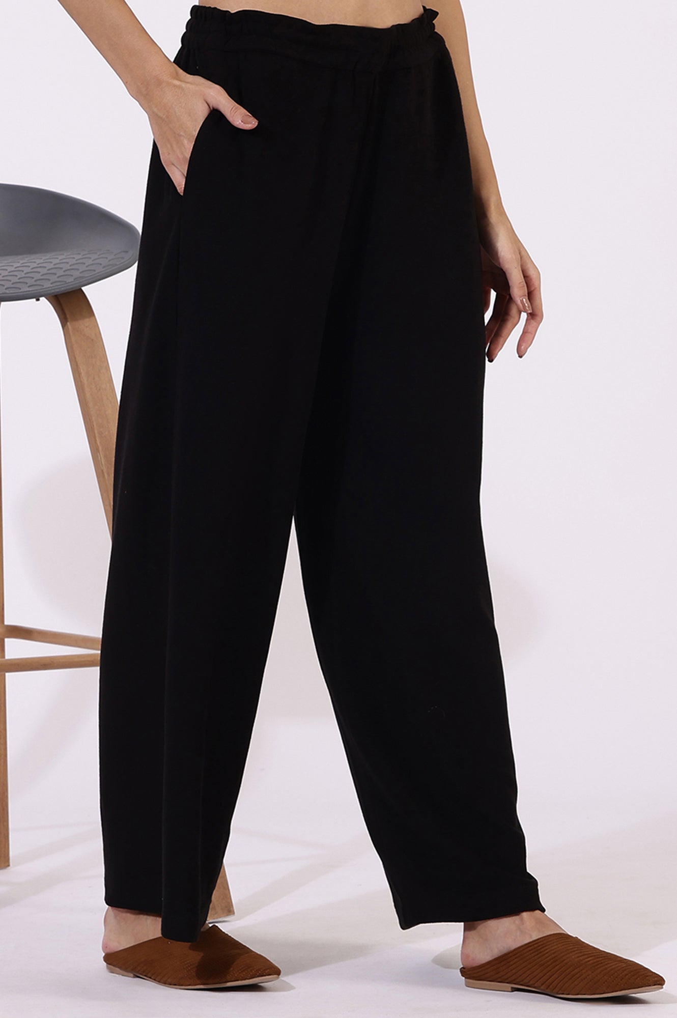 Black Solid Cashmere Ankle Length Wide Leg Parallel Pants