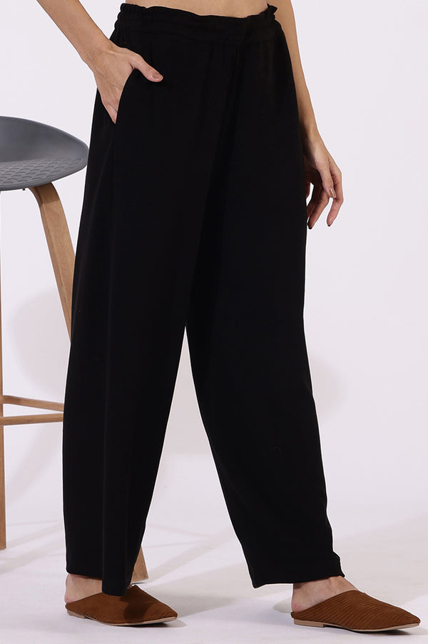 Black Solid Cashmere Ankle Length Wide Leg Parallel Pants