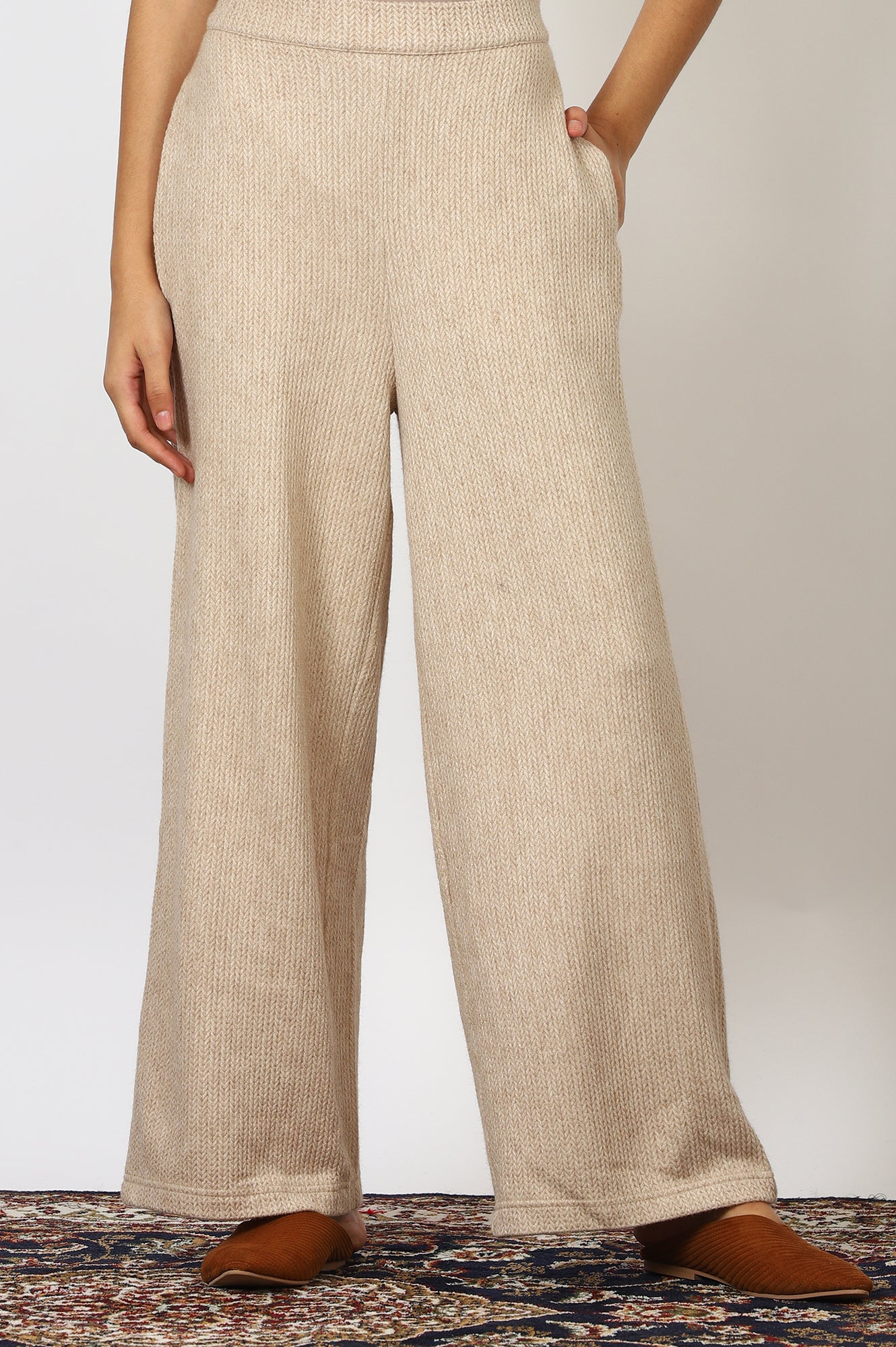 Beige Solid Rayon Flarred Trousers &amp; Pants