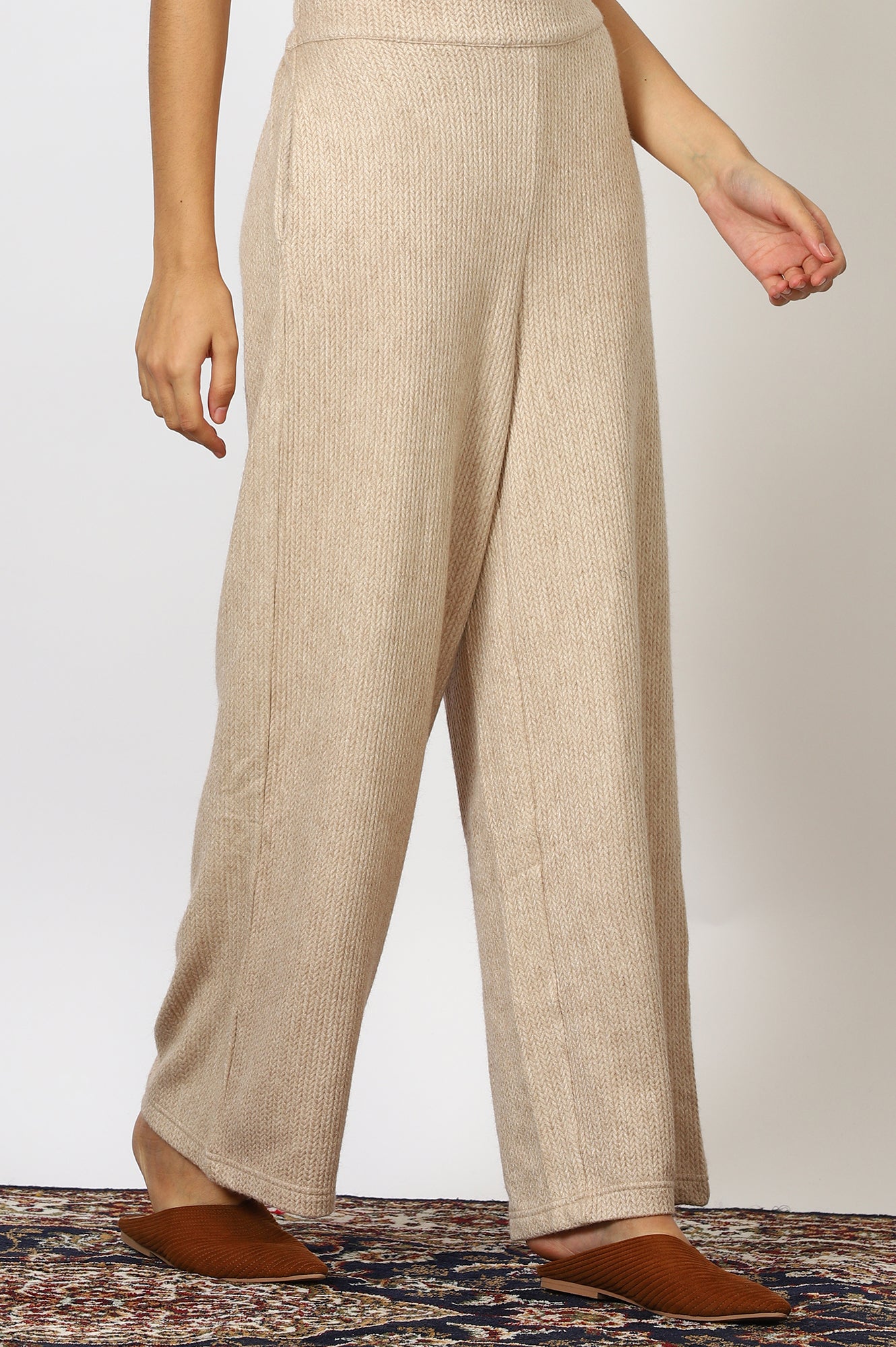 Beige Textured Ankle Length Wide Leg Parallel Pants