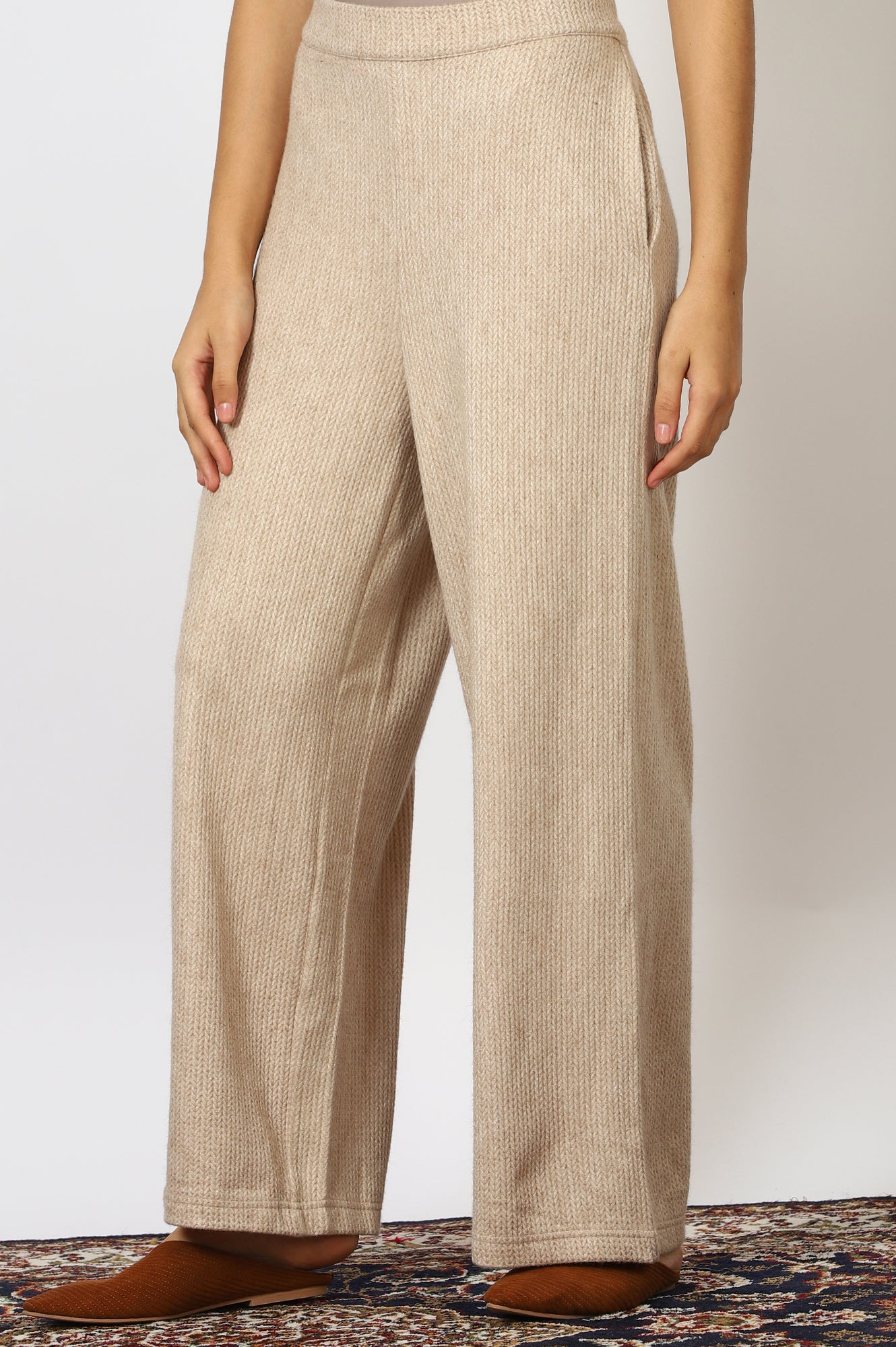 Beige Textured Ankle Length Wide Leg Parallel Pants