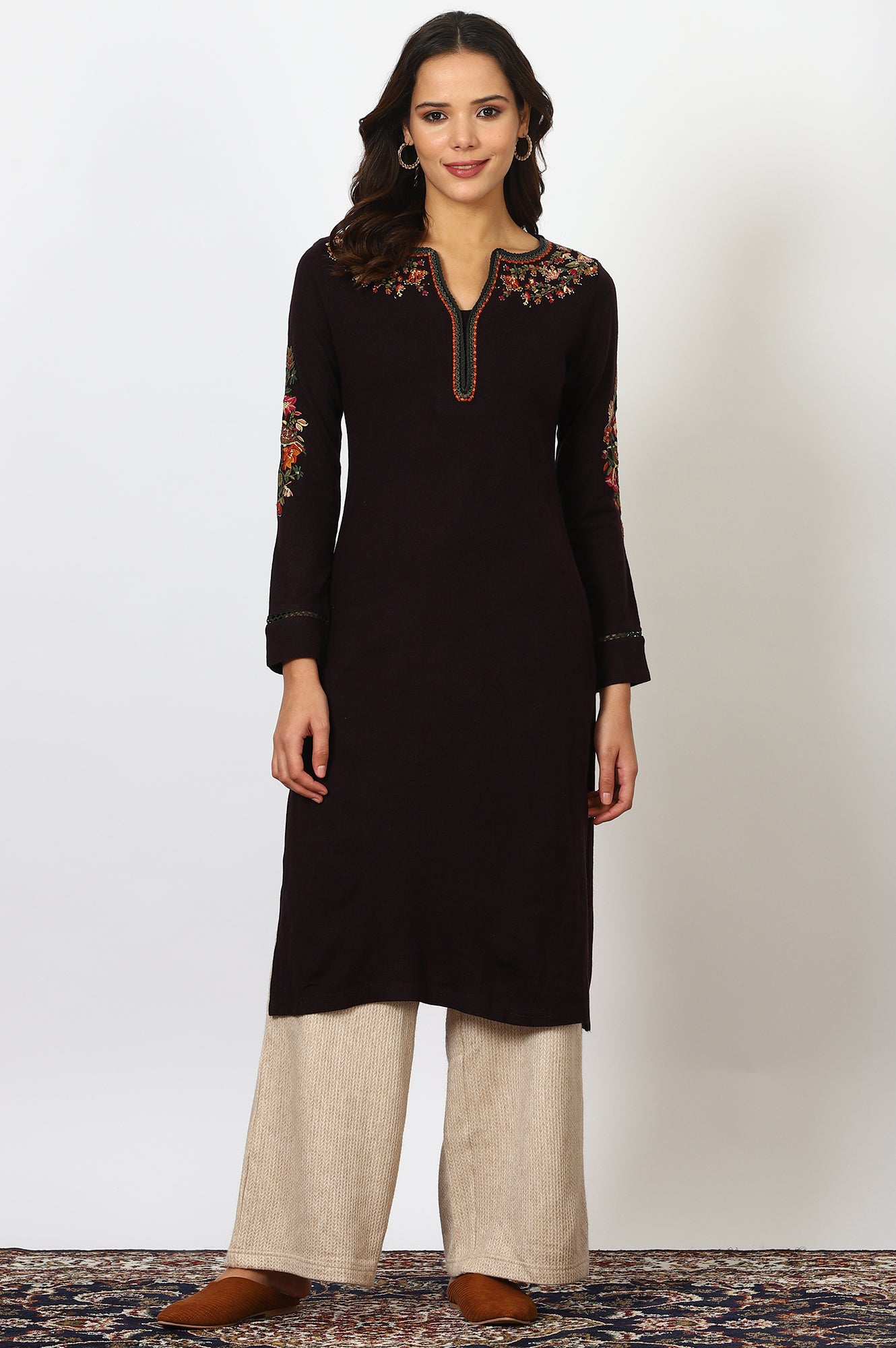 Beige Textured Ankle Length Wide Leg Parallel Pants